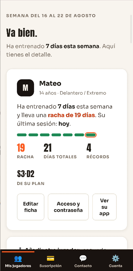 Ejemplo del panel familiar: días entrenados en la semana, racha, días totales y récords de tu hijo.